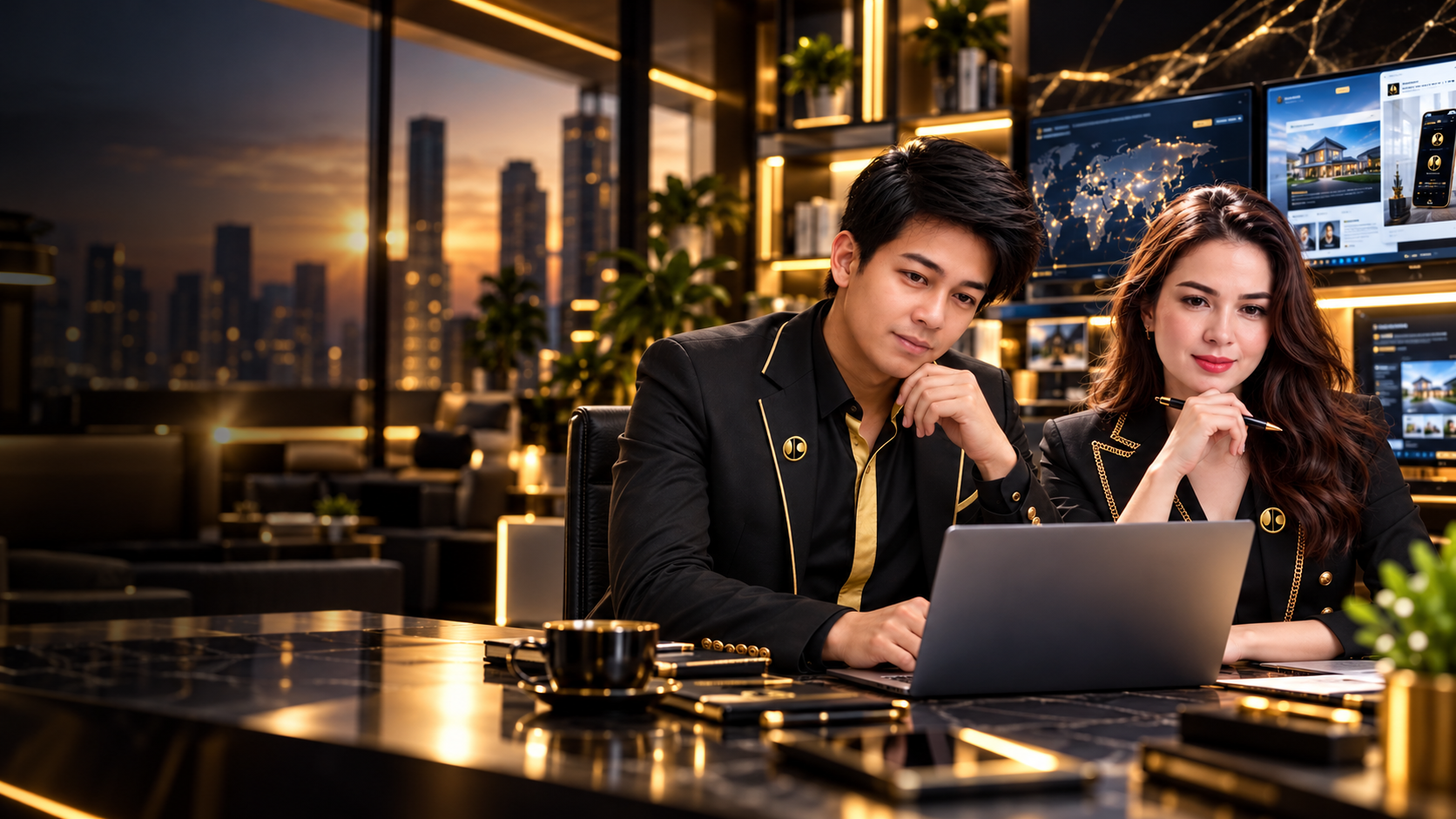 Joshua and Cassie, JC DigiKal virtual representatives working in a professional office